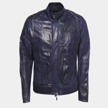 Pre Owned Just Cavalli Navy Blue Leather Biker Jacket L