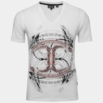 Pre Owned Just Cavalli White Graphic Logo Print Cotton V-Neck T-Shirt M