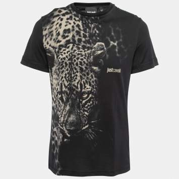 Pre Owned Just Cavalli Black Tiger Printed Cotton Crew Neck Half Sleeve T-Shirt L