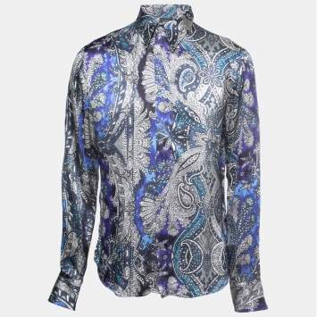 Pre Owned Just Cavalli Blue Paisley Print Satin Silk Button Front Shirt XL