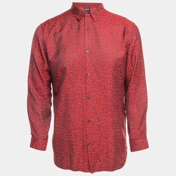 Pre Owned Just Cavalli Red Jacquard Button Front Full Sleeve Shirt XL