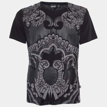 Pre Owned Just Cavalli Black Printed Cotton Knit Crewneck T-Shirt L