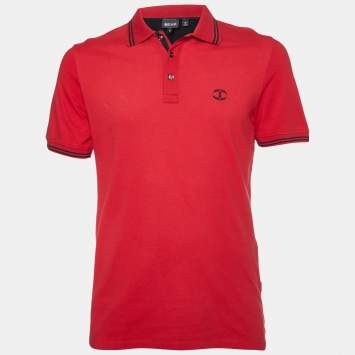 Pre Owned Just Cavalli Red Logo Embroidered Cotton Polo T-Shirt M