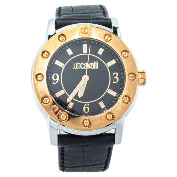 Pre Owned Just Cavalli Black Two Tone Stainless Steel Leather R7251161025 Men's Wristwatch 42mm