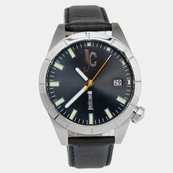 Pre Owned Just Cavalli Grey Stainless Steel Leather Men's Wristwatch 44 mm