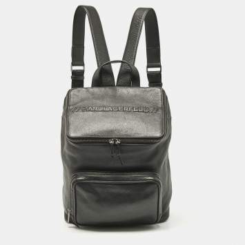 Pre Owned Karl Lagerfeld Black Leather Front Pocket Backpack