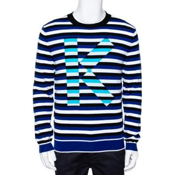 Pre Owned Kenzo French Blue Striped Intarsia Logo Knit Jumper M