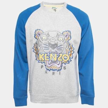 Pre Owned Kenzo Grey & Blue Cotton Tiger Embroidered Sweatshirt M