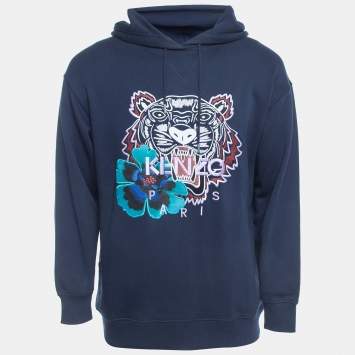 Pre Owned Kenzo Navy Blue Cotton Floral Tiger Motif Oversized Hoodie XS