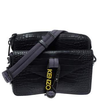 Pre Owned Kenzo Black Croc Embossed Leather Hiker Crossbody Bag