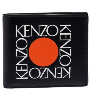 Pre Owned Kenzo Black Leather Sqaure Logo Bifold Wallet 