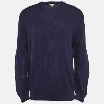 Pre Owned Kenzo Navy Blue Logo Intarsia Rib Knit Sweater M