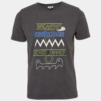 Pre Owned Kenzo Dark Grey Printed Cotton Crew Neck T-Shirt M