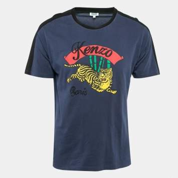 Pre Owned Kenzo Navy Blue Tiger Print Cotton Crew Neck T-Shirt L