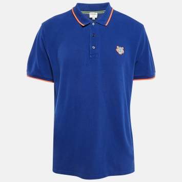 Pre Owned Kenzo Blue Tiger Applique Cotton Pique Polo T-Shirt XL