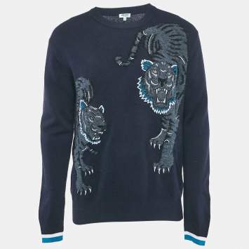 Pre Owned Kenzo Navy Blue Tiger Intarsia Wool Knit Sweater L