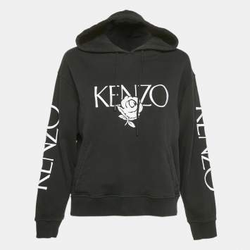 Pre Owned Kenzo Black Floral Logo Embroidery Cotton Hooded Sweatshirt S