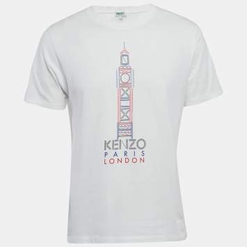 Pre Owned Kenzo White London Print Jersey Crew Neck T-Shirt L