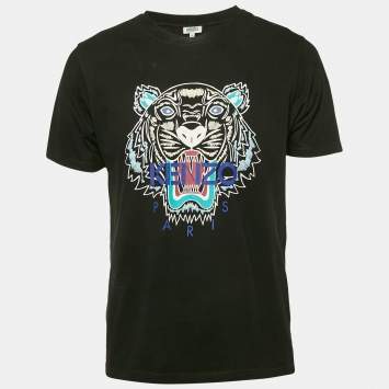 Pre Owned Kenzo Black Tiger Logo Print Jersey T-Shirt M