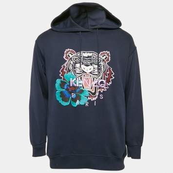 Kenzo Navy Blue Floral Tiger Embroidery Cotton Oversize Hooded Sweatshirt XS