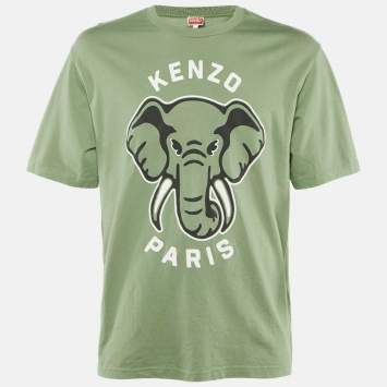 Pre Owned Kenzo Green Elephant Printed Cotton Knit T-Shirt L