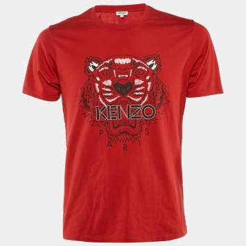 Pre Owned تي شيرت كينزو قطن مطبوع نمر أحمر برقبة مستديرة مقاس صغير - سمول
