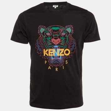 Pre Owned Kenzo Black Tiger Print Cotton Crew Neck T-Shirt S