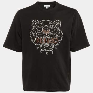 Pre Owned Kenzo Black Tiger Embroidered Cotton Crew Neck T-Shirt L 