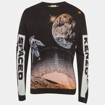 Pre Owned Kenzo Black Spaced Out Intarsia Knit Crew Neck Sweatshirt L