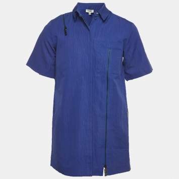 Pre Owned Kenzo Blue Zip Detail Cotton Blend Button Up Shirt S