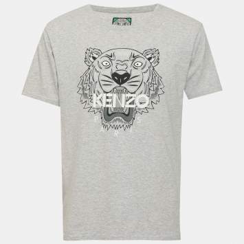 Pre Owned Kenzo Grey Jersey Tiger Print T-Shirt M