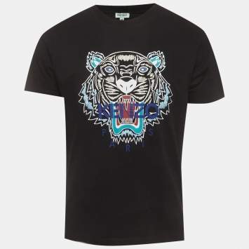 Pre Owned Kenzo Black Tiger Print Cotton Crew Neck T-Shirt M