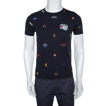 Pre Owned Kenzo Black All Over Print Cotton Tiger Embroidered T-Shirt XS 