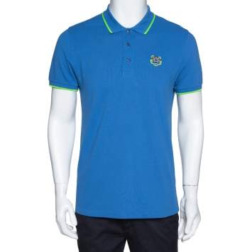 Pre Owned Kenzo Blue Tiger Motif Appliqued Cotton Polo T-Shirt M