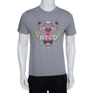 Pre Owned Kenzo Grey Cotton Tiger Motif Print Crew Neck T Shirt M 