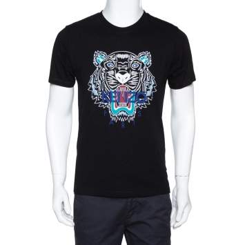 Pre Owned Kenzo Black Tiger Print Cotton Crew Neck T-Shirt M