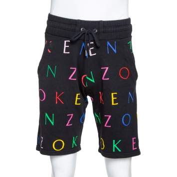 Pre Owned Kenzo Black Cotton Logo Print Drawstring Waist Shorts S