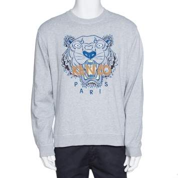Pre Owned Kenzo Grey Cotton Logo Tiger Embroidered Sweatshirt XL