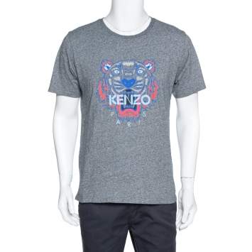 Pre Owned Kenzo Grey Cotton Tiger Print Crew Neck T Shirt L