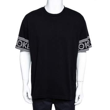 Pre Owned Kenzo Black Cotton Jersey Logo Cuff Print T-Shirt XL