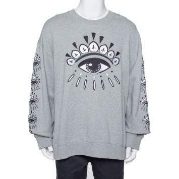 Pre Owned Kenzo Grey Cotton Evil Eye Embroidered Crewneck Sweatshirt XXL