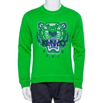 Pre Owned Kenzo Green Tiger Embroidered Cotton Crewneck Sweatshirt S