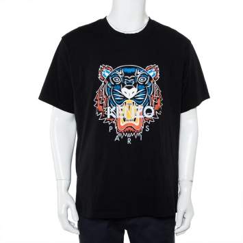 Pre Owned Kenzo Black Cotton Tiger Logo printed Crewneck T-Shirt XXL