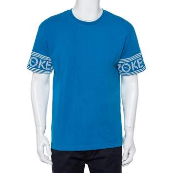 Pre Owned Kenzo Blue Cotton Logo Print Detail Crewneck T-Shirts L
