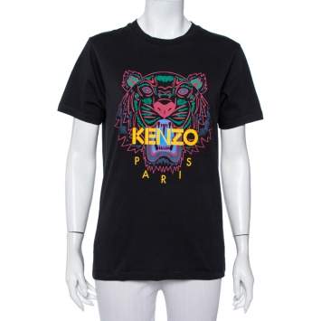 Pre Owned Kenzo Black Tiger Printed Cotton Crewneck T-Shirt S