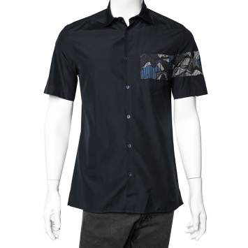 Pre Owned Kenzo Navy Blue Cotton Contrast Patch Detail Short Sleeve Slim Fit Shirt M