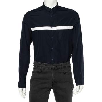 Pre Owned Kenzo Navy Blue Cotton Contrast Stripe Button Front Shirt M