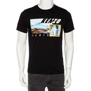 Pre Owned Kenzo Black Landscape Printed Cotton Jersey T-Shirt S