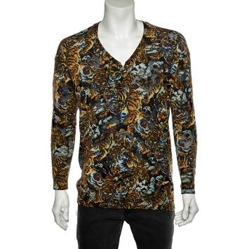 Pre Owned Kenzo Multicolor Perforated Knit Flying Tiger Flocked V-Neck Jumper S