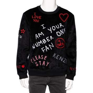 Pre Owned Kenzo Black Velour Number One Fan Embroidered Crewneck Sweatshirt M